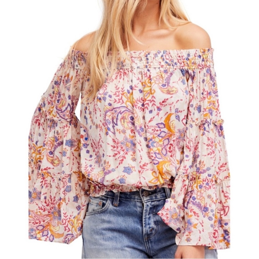 Free People Boho Blouse Women Size L Floral Off Shoulder Smocked Bell Sleeve Fes